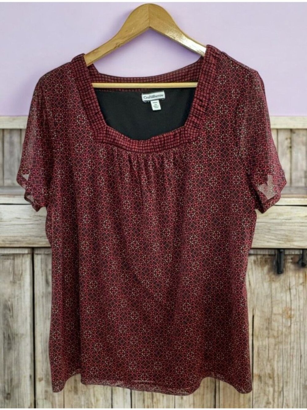 Croft & Barrow Womens Sz 3X Red Blouse Geometric Print Short Sleeve Sheer Lined